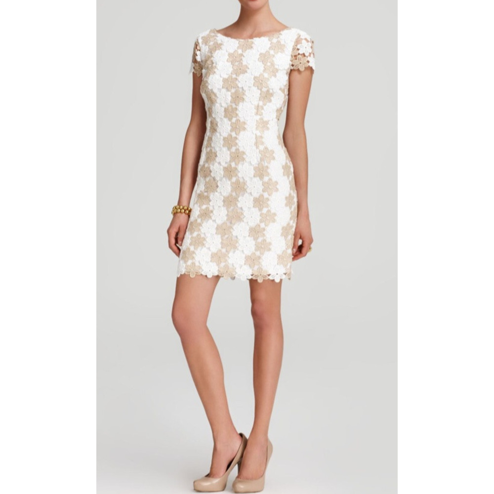 Lilly Pulitzer White Gold Floral Barbara Dress Lace Crochet Shift Womens Size 10 - Picture 4 of 16